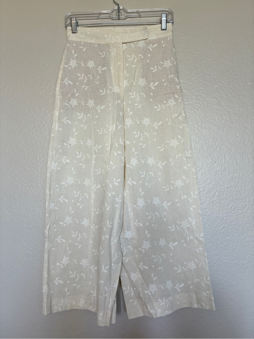 Zara Cream Floral Embroidered Cropped Wide Leg Pants Trousers XS 24 Beach Boho